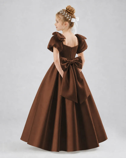 Chocolate Satin A-line Flower Girl Dress Side View