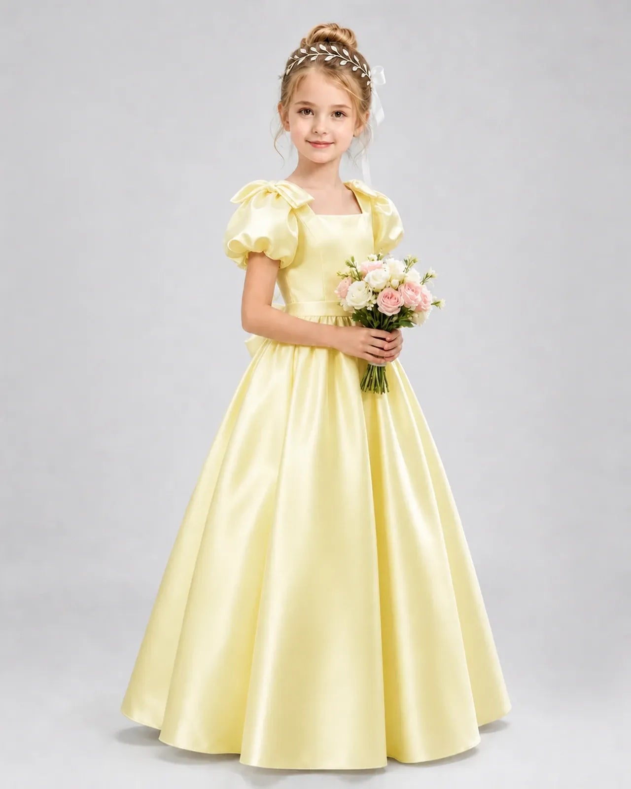 Daffodil Satin A-line Flower Girl Dress Front View