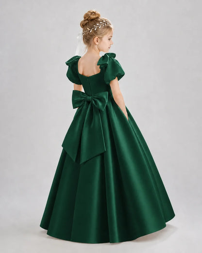 Dark Green Satin A-line Flower Girl Dress Back View