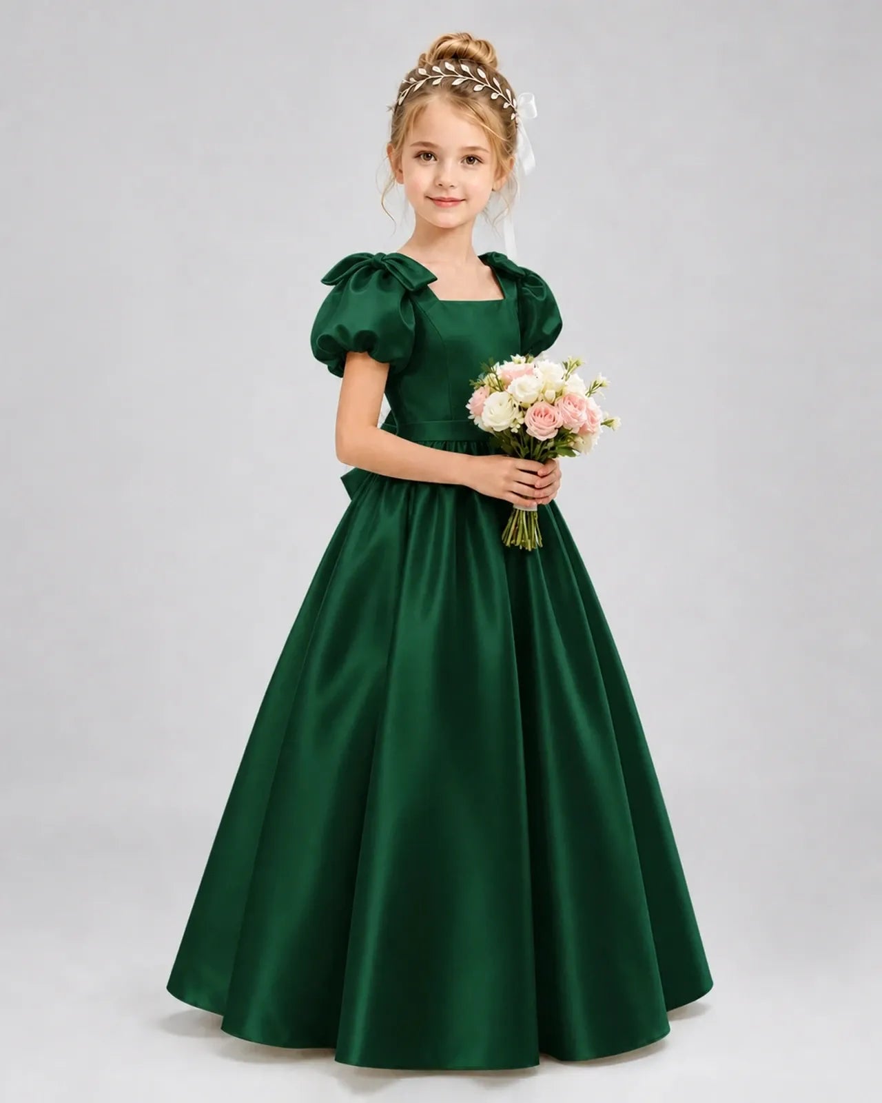 Dark Green Satin A-line Flower Girl Dress Front View