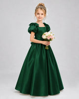 Dark Green Satin A-line Flower Girl Dress Front View