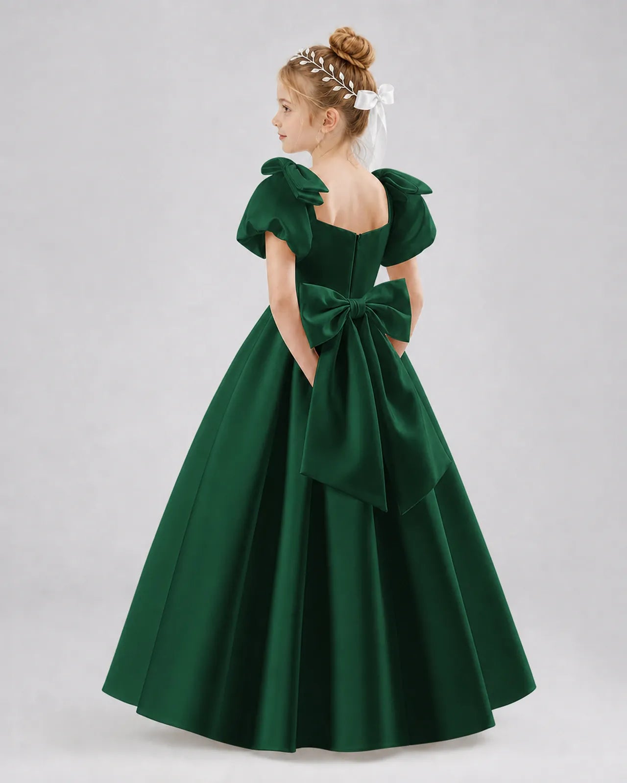 Dark Green Satin A-line Flower Girl Dress Side View