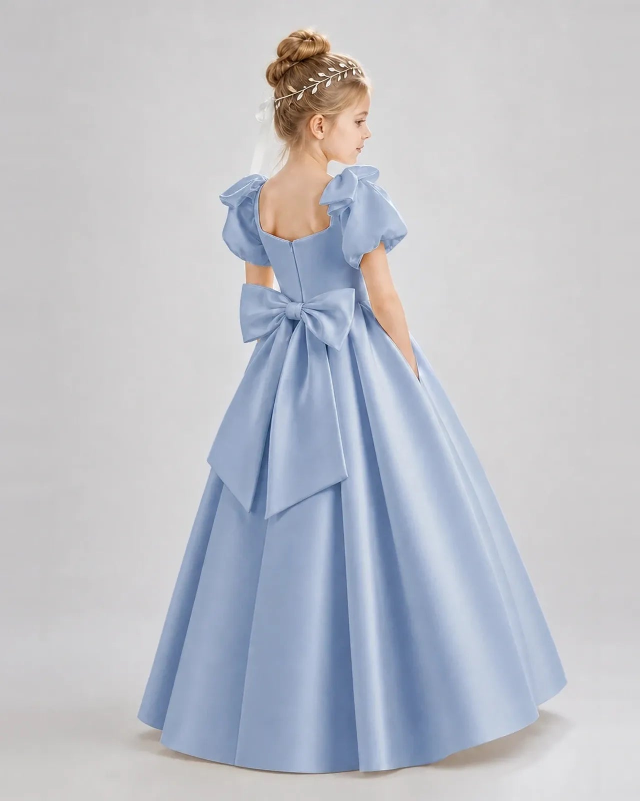 Dusty Blue Satin A-line Flower Girl Dress Back View
