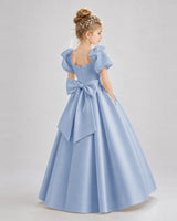 Dusty Blue Satin A-line Flower Girl Dress Back View