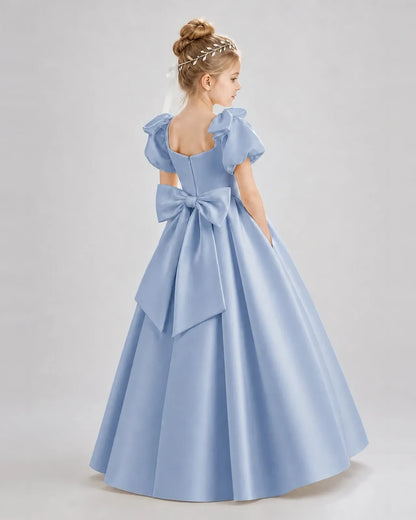 Dusty Blue Satin A-line Flower Girl Dress Back View