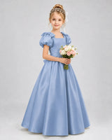 Dusty Blue Satin A-line Flower Girl Dress Front View