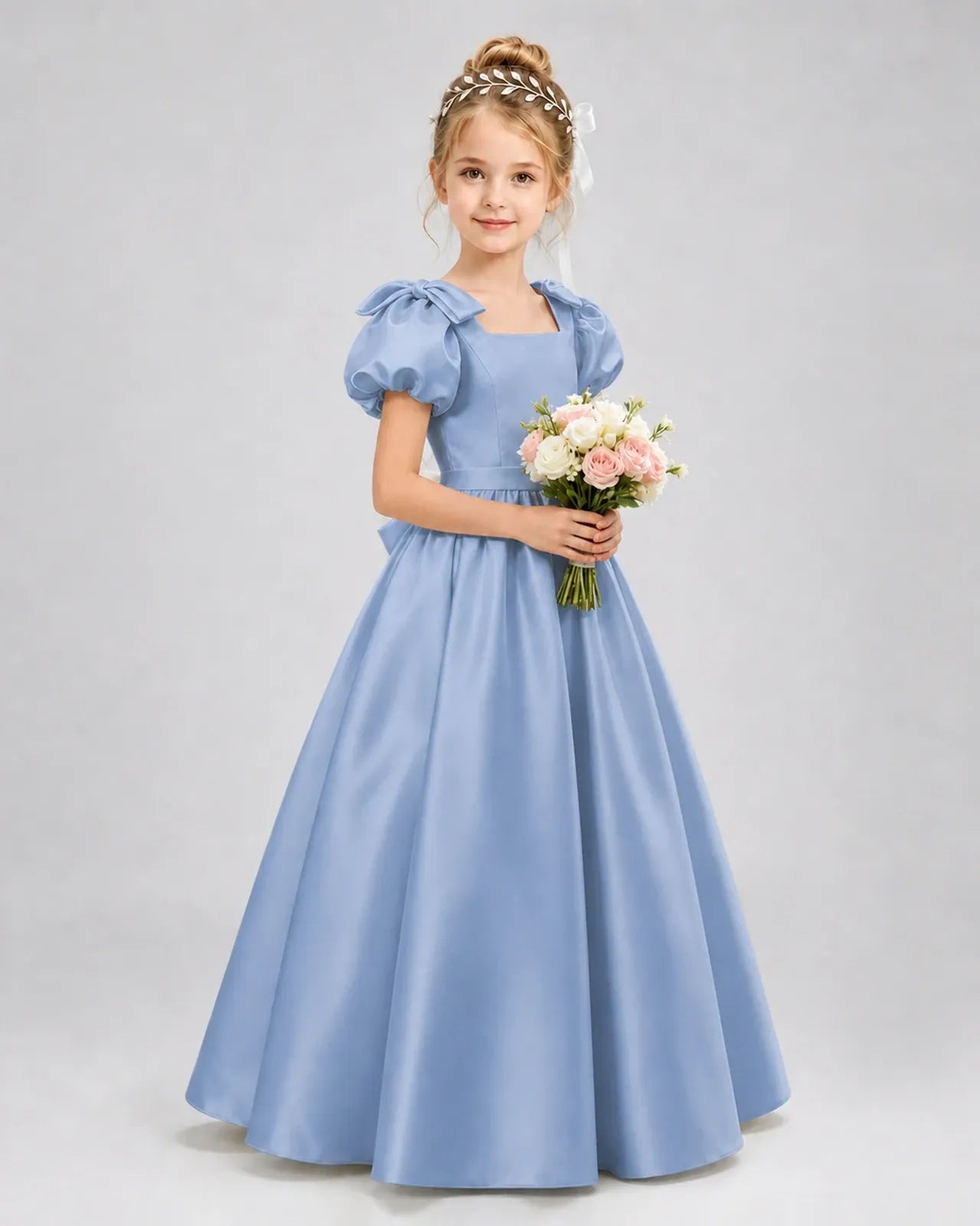 Dusty Blue Satin A-line Flower Girl Dress Front View