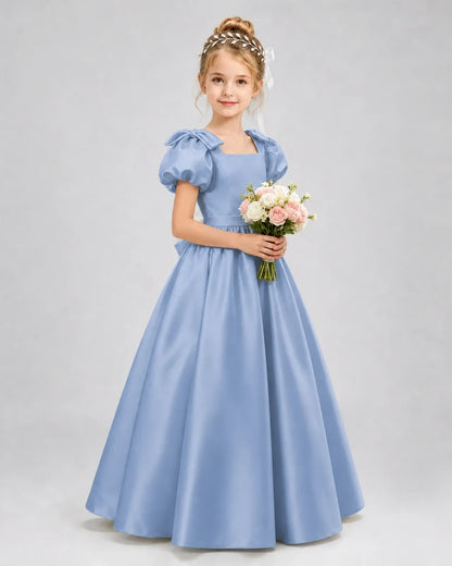 Dusty Blue Satin A-line Flower Girl Dress Front View