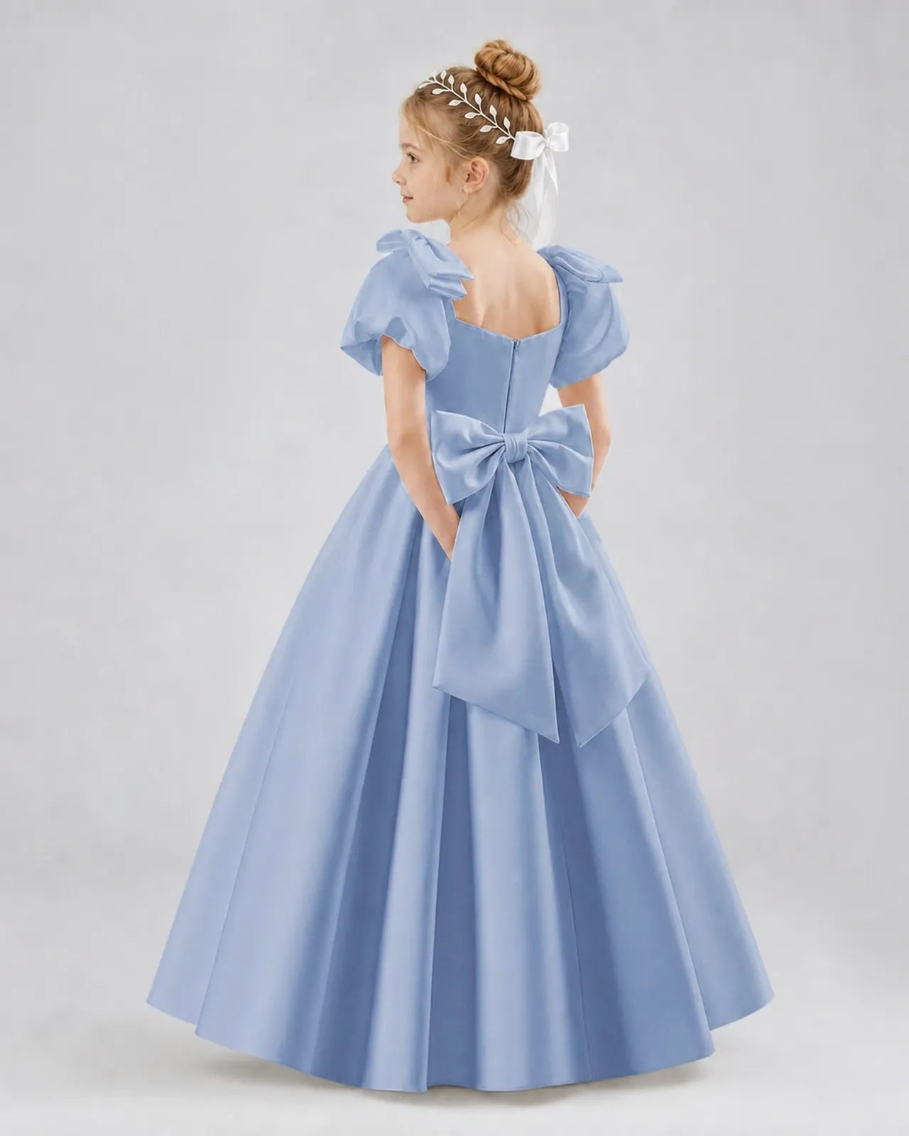 Dusty Blue Satin A-line Flower Girl Dress Side View