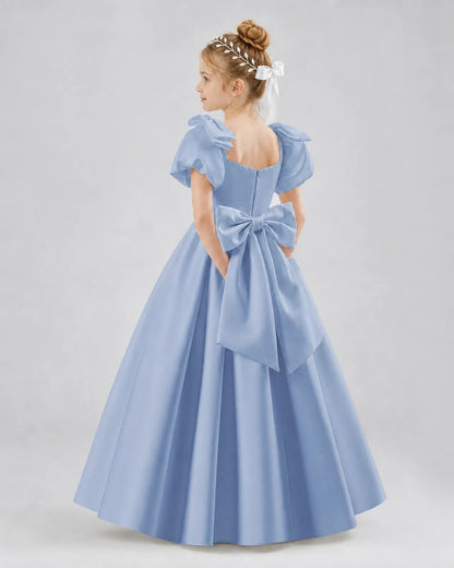 Dusty Blue Satin A-line Flower Girl Dress Side View