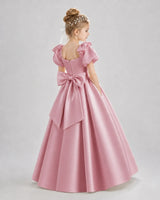 Dusty Rose Satin A-line Flower Girl Dress Back View