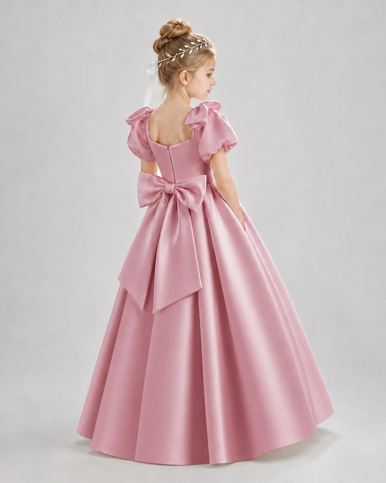 Dusty Rose Satin A-line Flower Girl Dress Back View