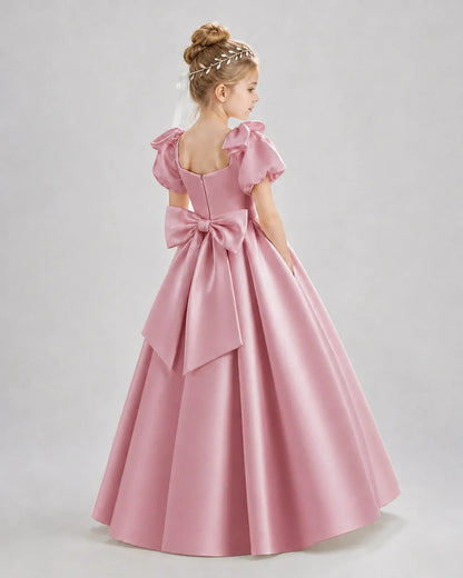 Dusty Rose Satin A-line Flower Girl Dress Back View