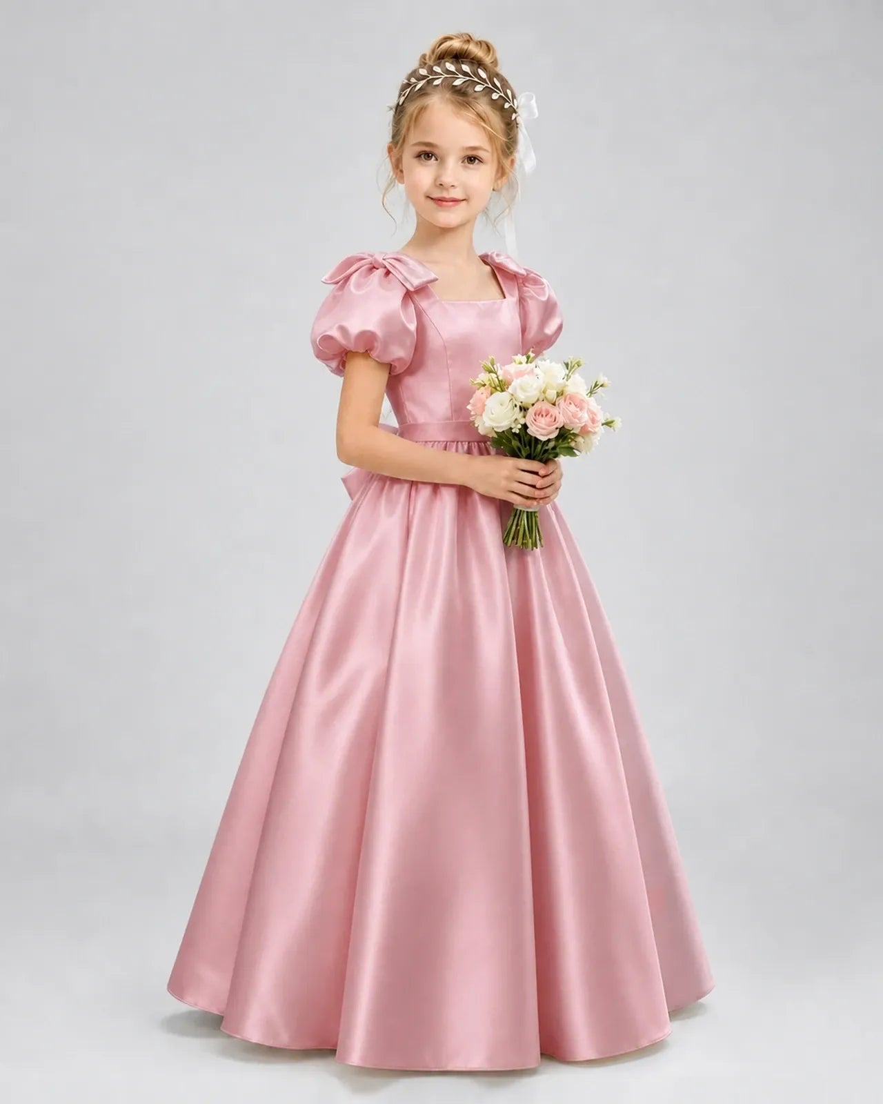 Dusty Rose Satin A-line Flower Girl Dress Front View