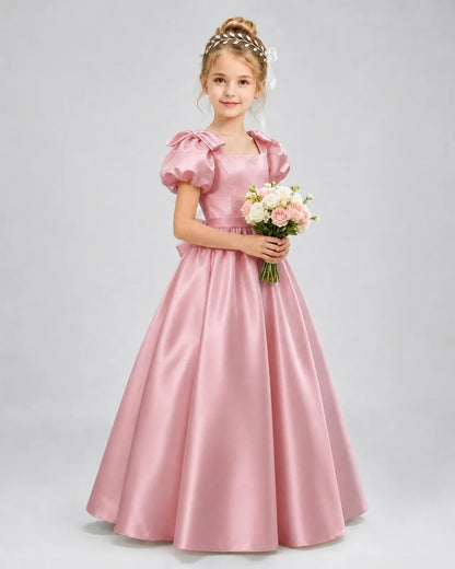 Dusty Rose Satin A-line Flower Girl Dress Front View