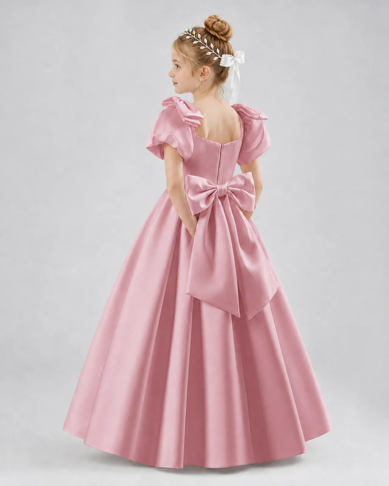 Dusty Rose Satin A-line Flower Girl Dress Side View