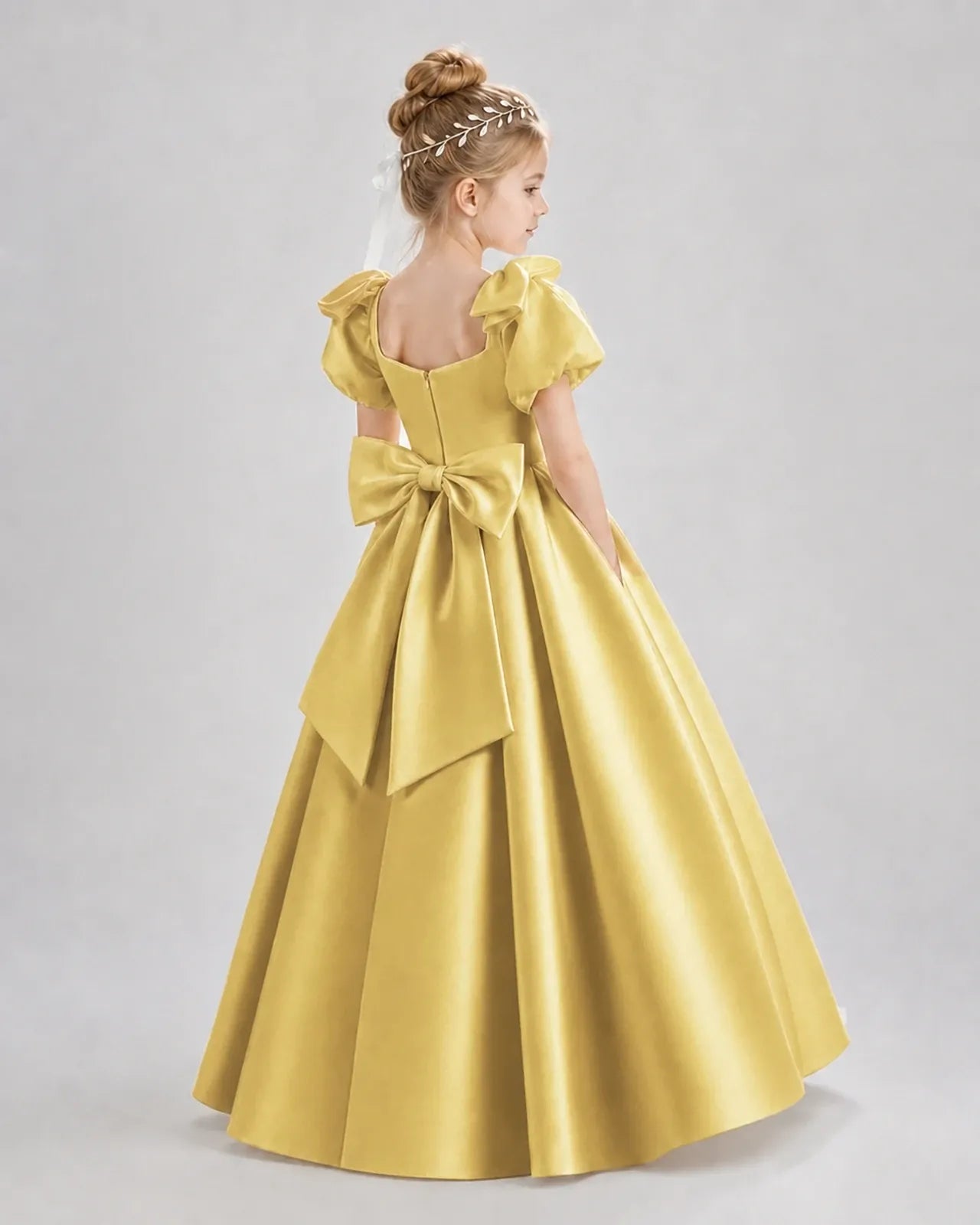 Gold Satin A-line Flower Girl Dress Back View