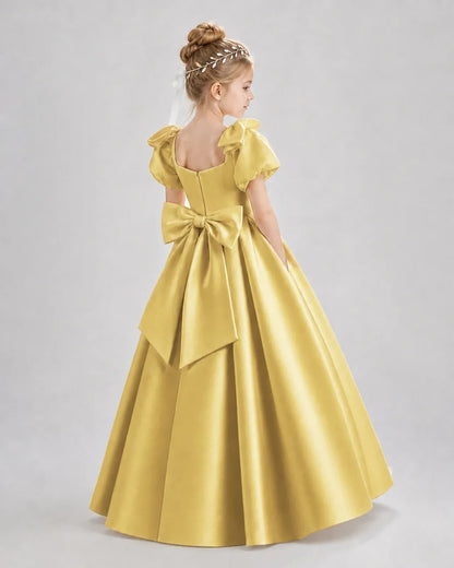 Gold Satin A-line Flower Girl Dress Back View