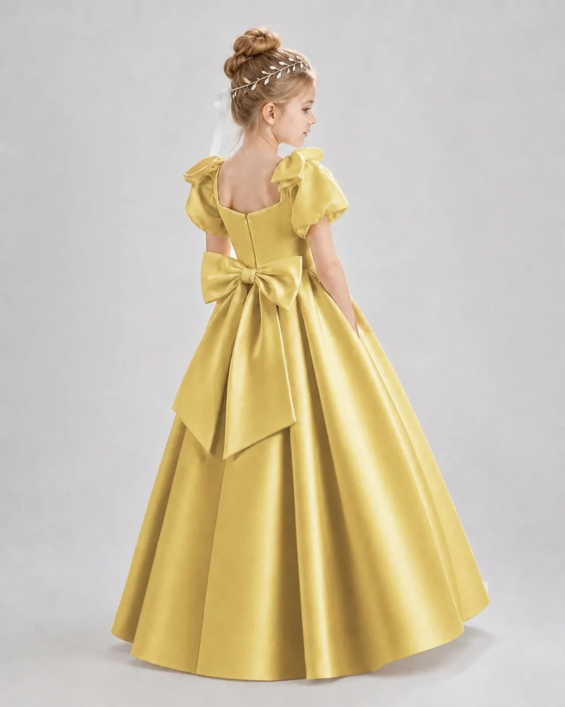 Gold Satin A-line Flower Girl Dress Back View