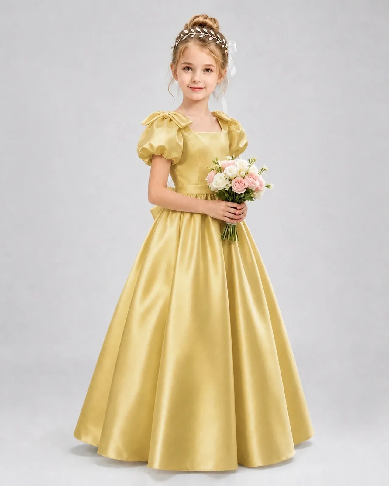 Gold Satin A-line Flower Girl Dress Front View