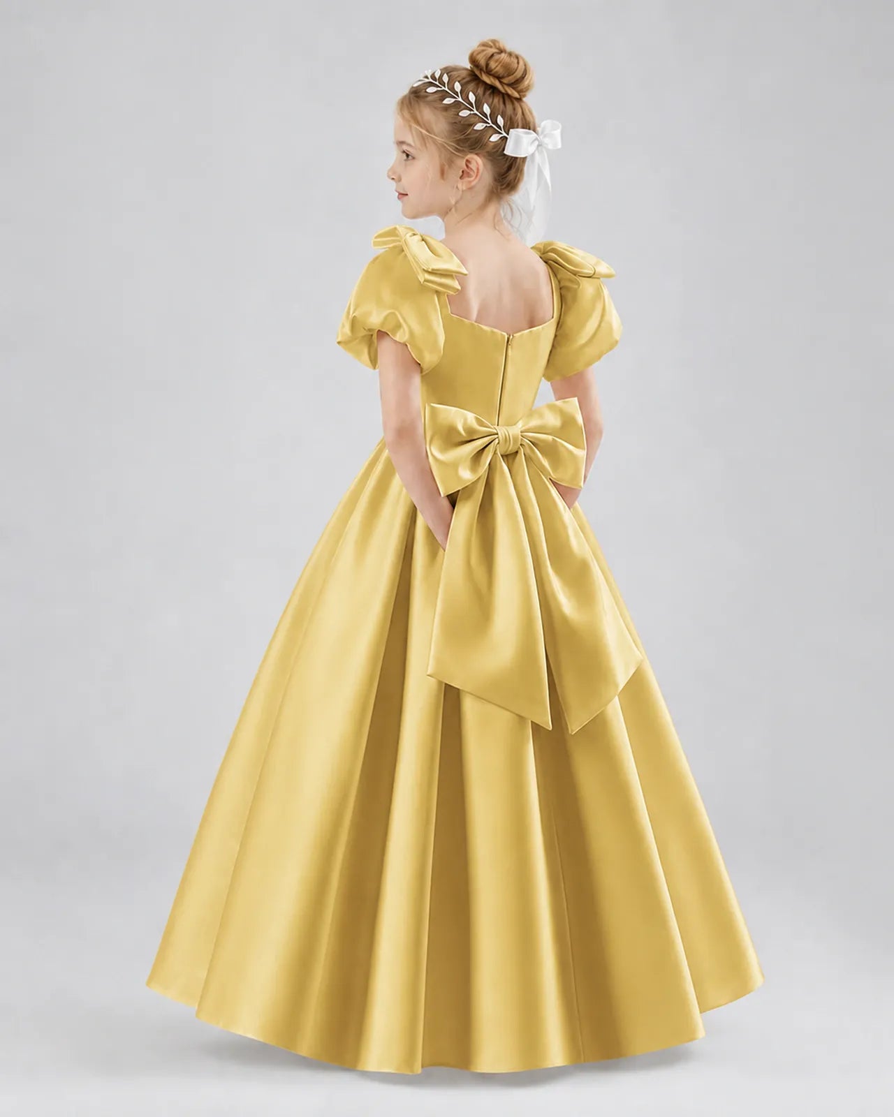 Gold Satin A-line Flower Girl Dress Side View