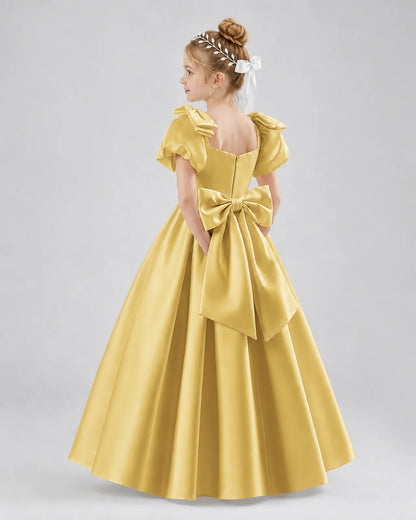 Gold Satin A-line Flower Girl Dress Side View