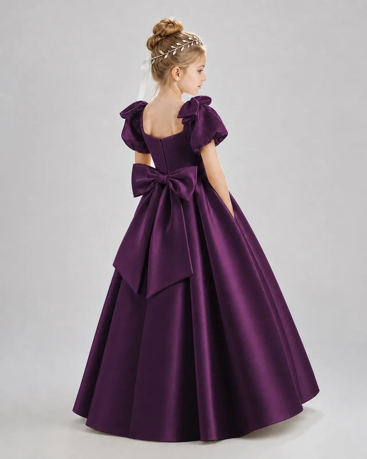 Grape Satin A-line Flower Girl Dress Back View