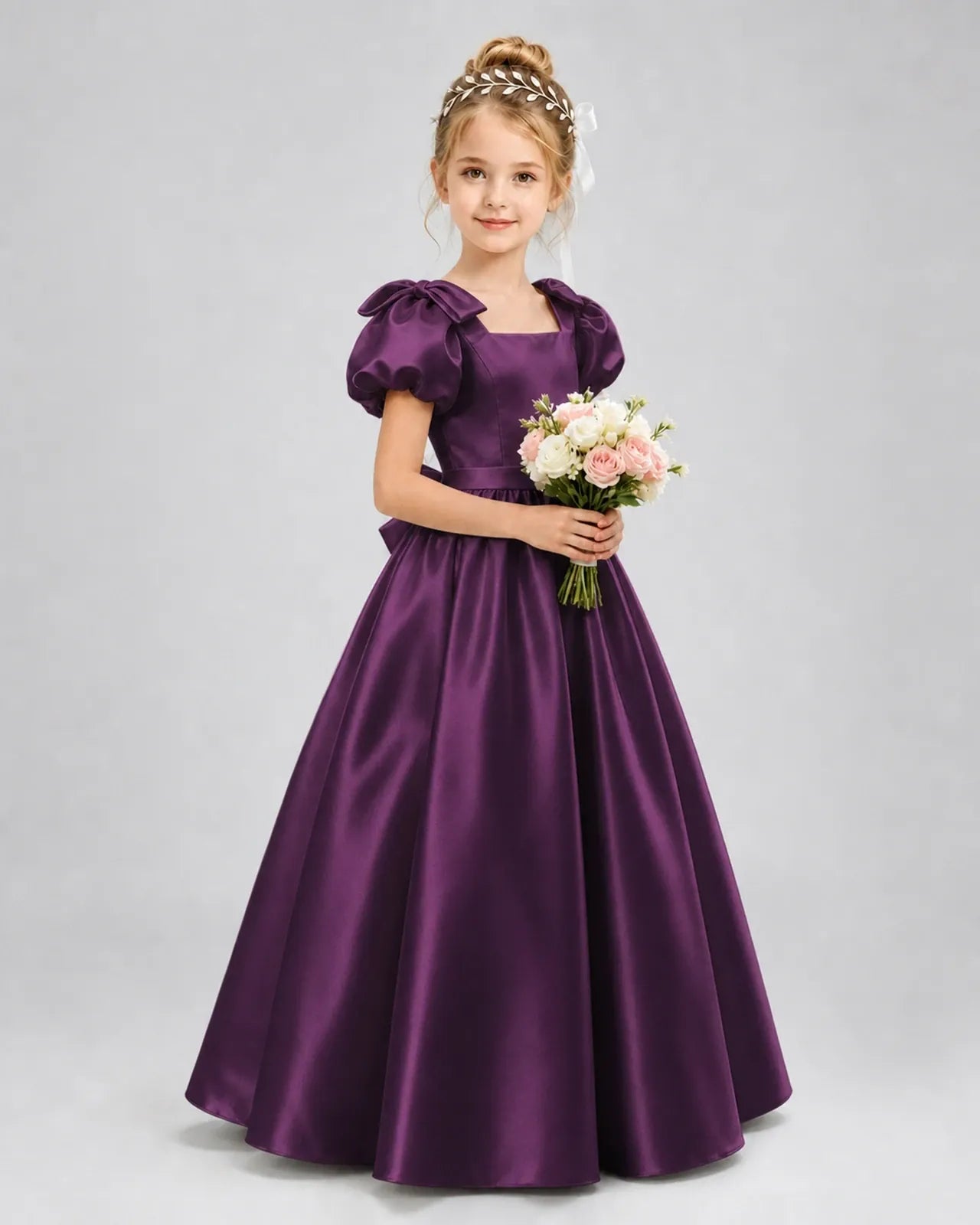 Grape Satin A-line Flower Girl Dress Front View