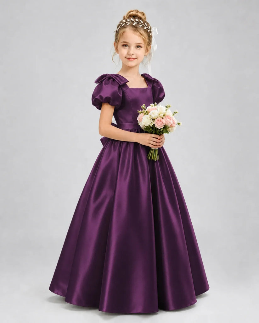 Grape Satin A-line Flower Girl Dress Front View