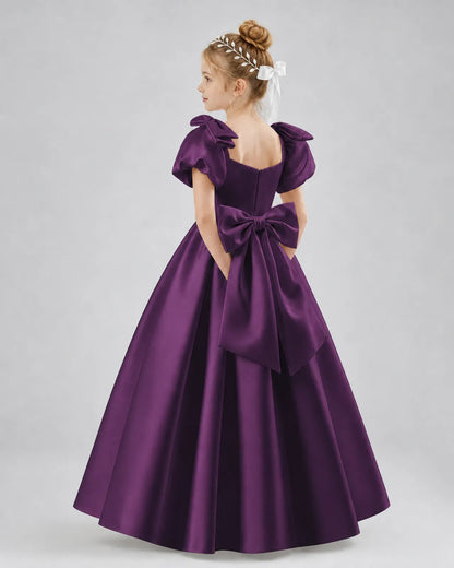 Grape Satin A-line Flower Girl Dress Side View