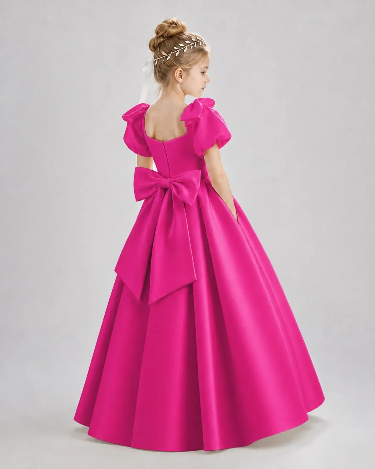Hot Pink Satin A-line Flower Girl Dress Back View