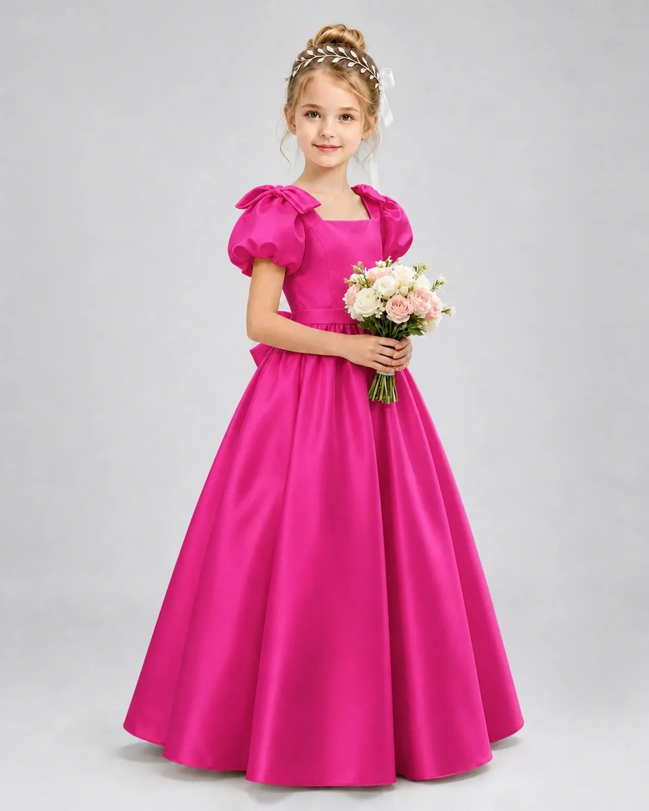 Hot Pink Satin A-line Flower Girl Dress Front View