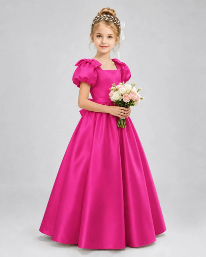 Hot Pink Satin A-line Flower Girl Dress Front View