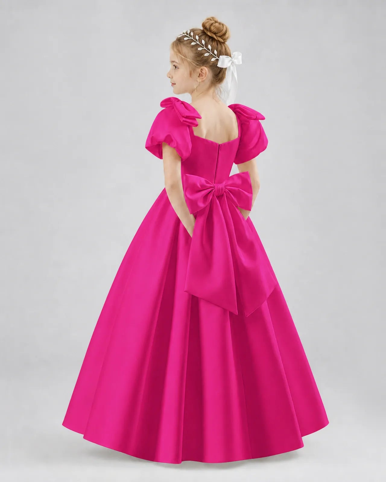 Hot Pink Satin A-line Flower Girl Dress Side View