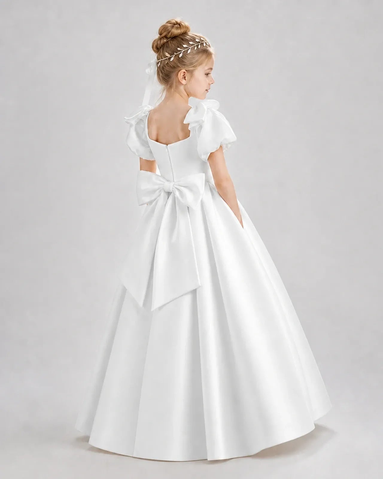 Ivory Satin A-line Flower Girl Dress Back View