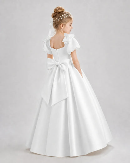 Ivory Satin A-line Flower Girl Dress Back View