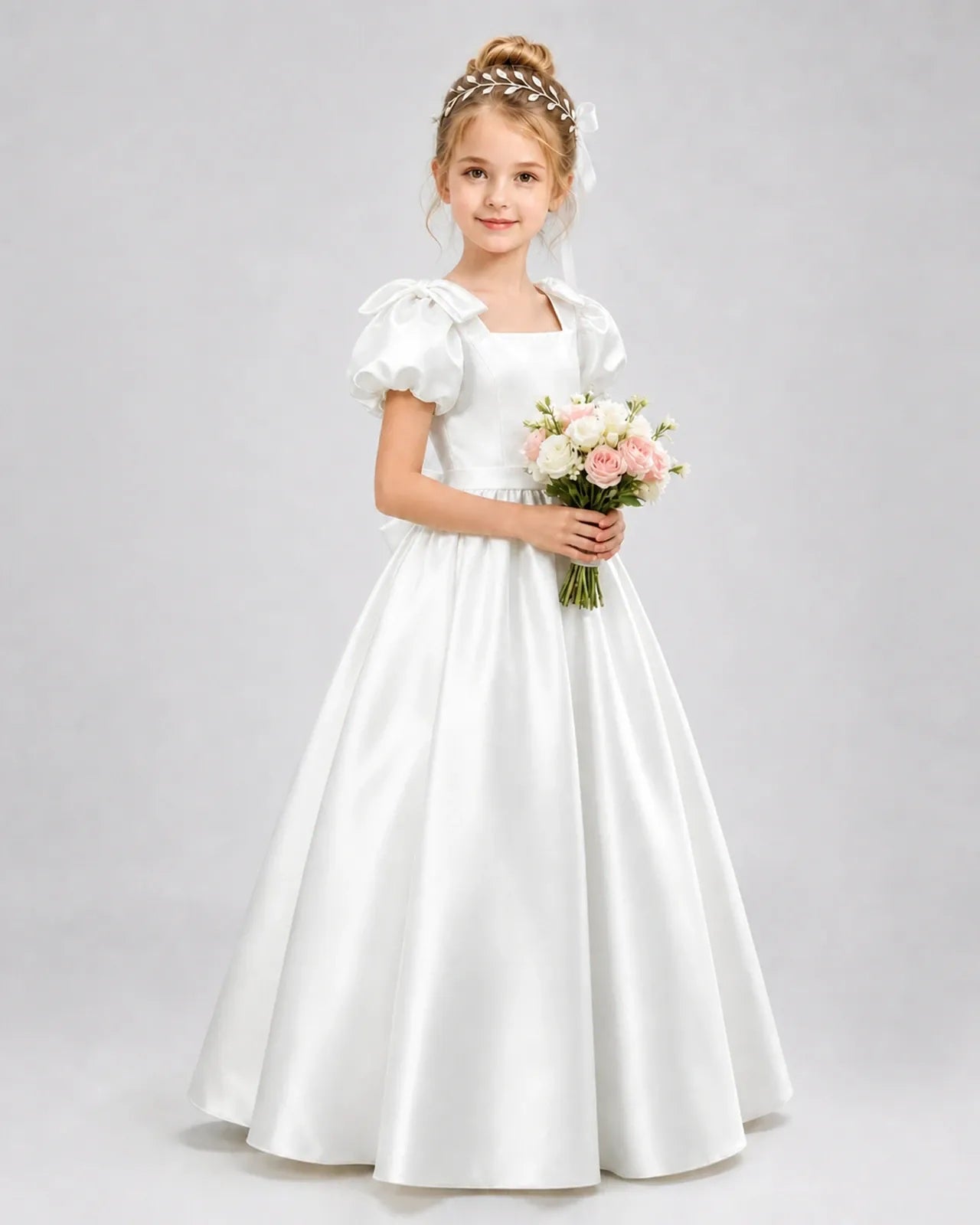 Ivory Satin A-line Flower Girl Dress Front View