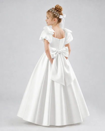 Ivory Satin A-line Flower Girl Dress Side View