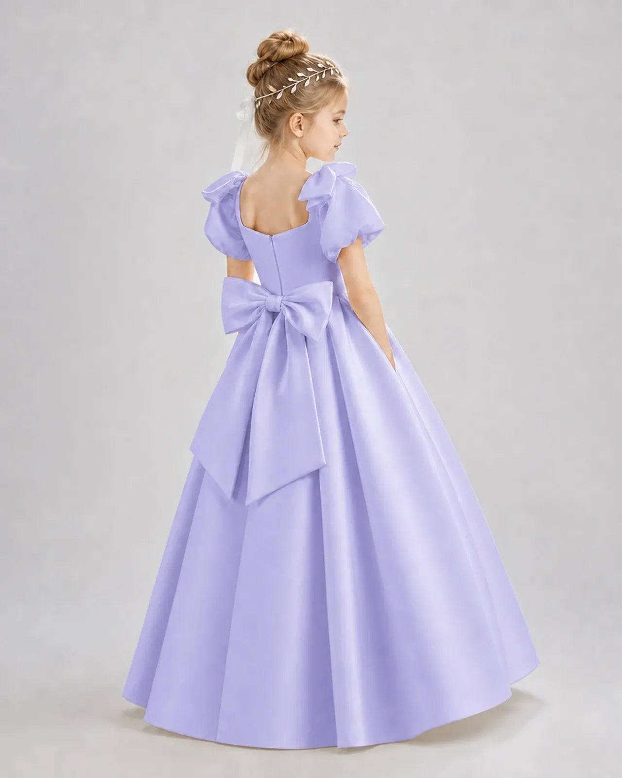 Lavender Satin A-line Flower Girl Dress Back View