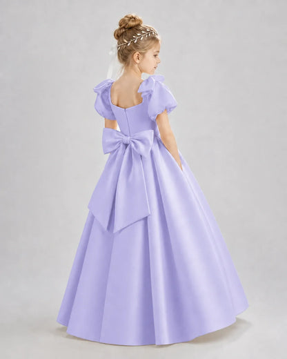 Lavender Satin A-line Flower Girl Dress Back View