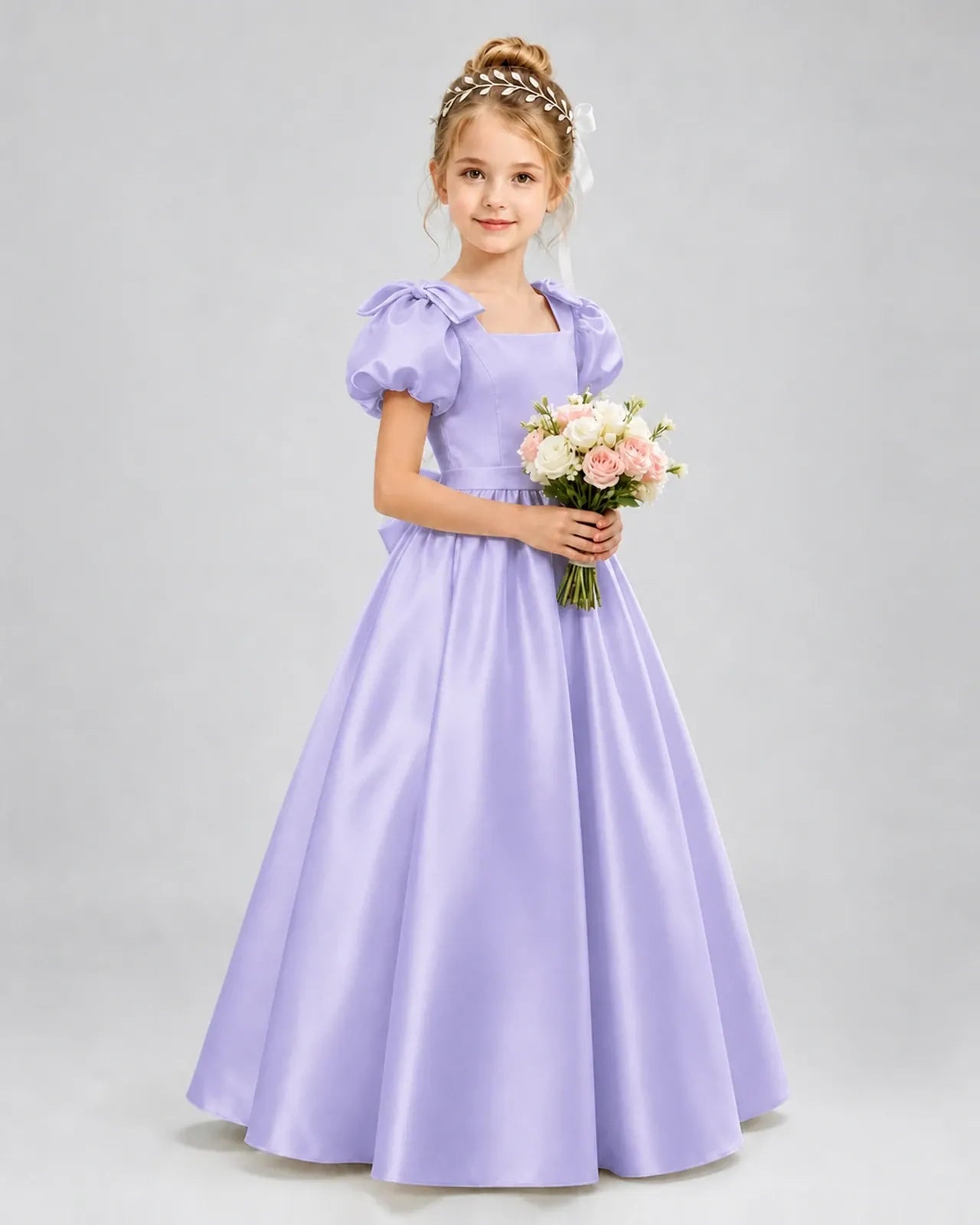 Lavender Satin A-line Flower Girl Dress Front View