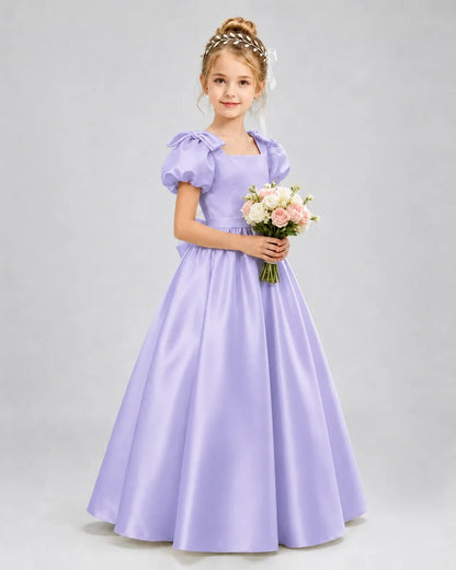 Lavender Satin A-line Flower Girl Dress Front View