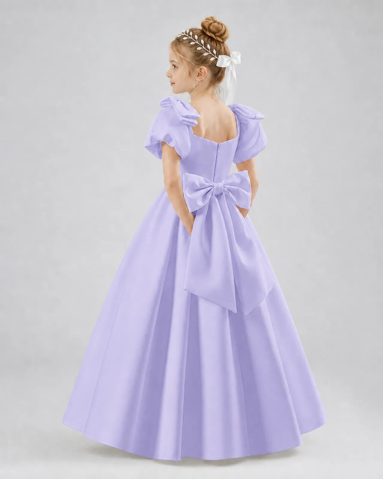 Lavender Satin A-line Flower Girl Dress Side View