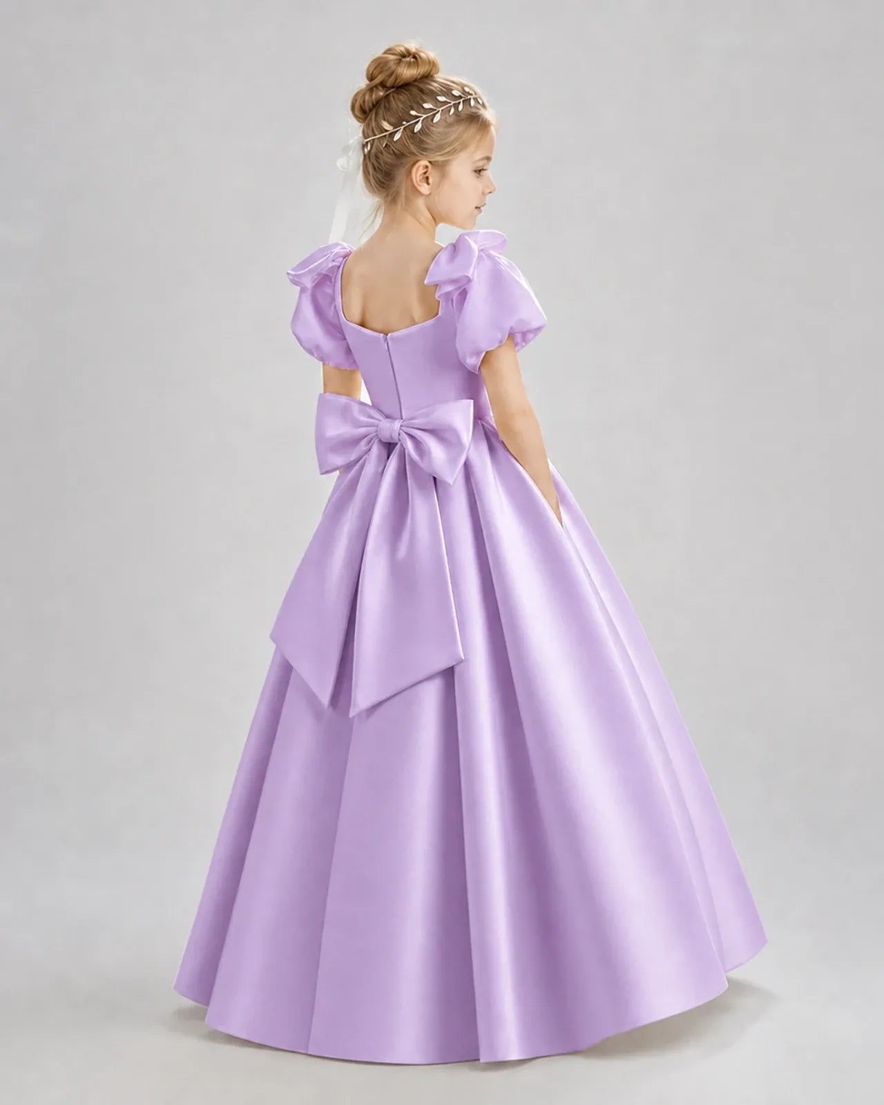 Lilac Satin A-line Flower Girl Dress Back View
