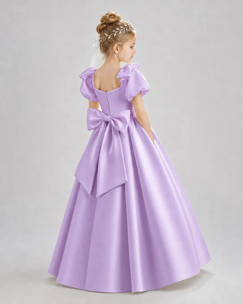 Lilac Satin A-line Flower Girl Dress Back View