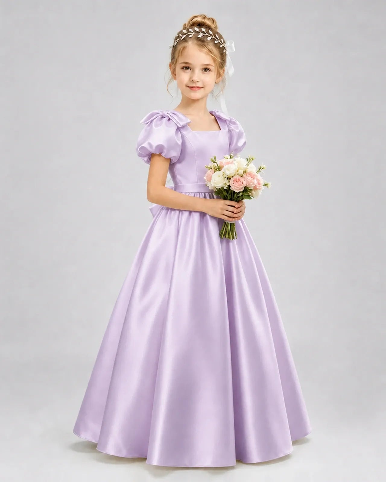 Lilac Satin A-line Flower Girl Dress Front View