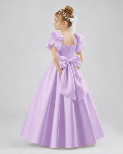 Lilac Satin A-line Flower Girl Dress Side View