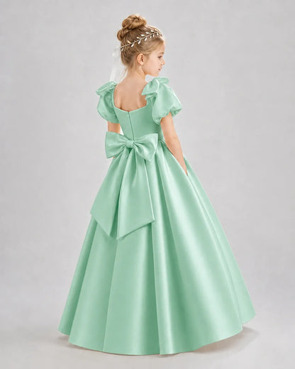 Mint Green Satin A-line Flower Girl Dress Back View
