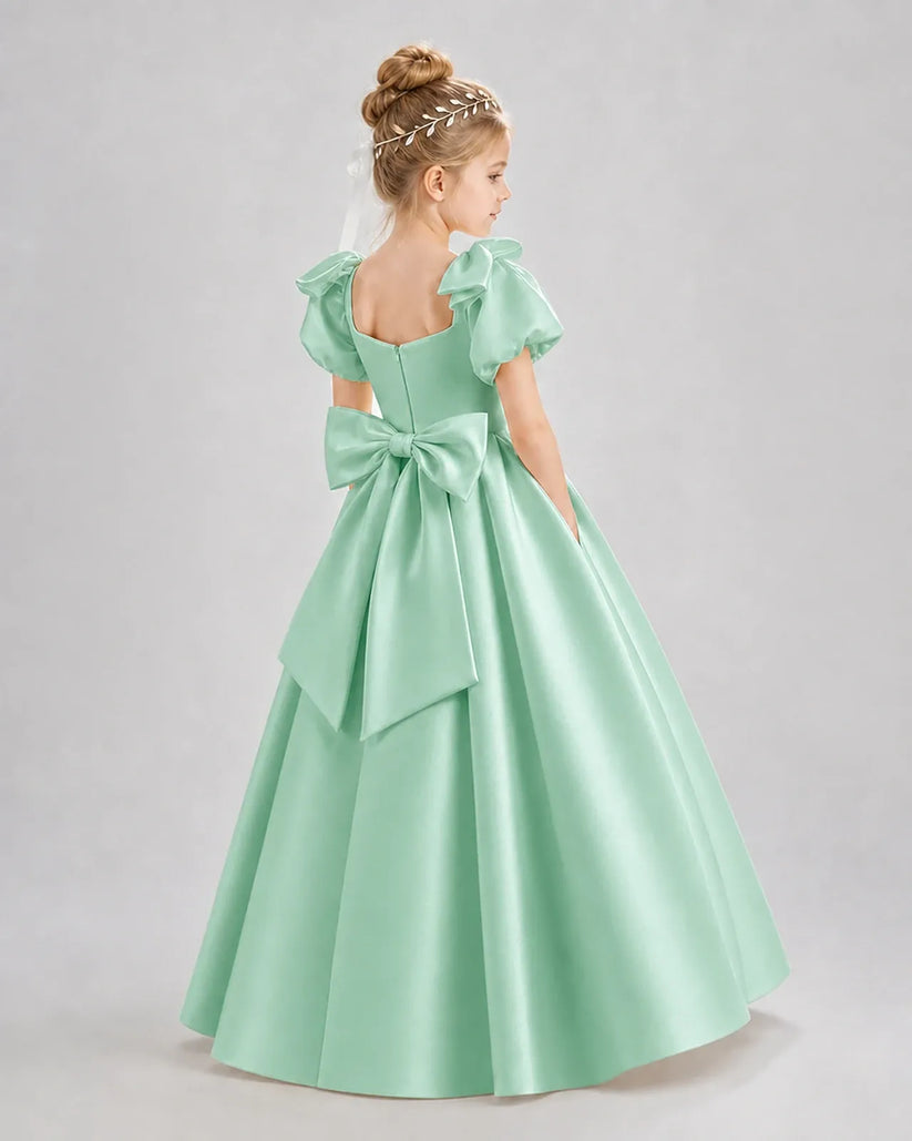 Mint Green Satin A-line Flower Girl Dress Back View