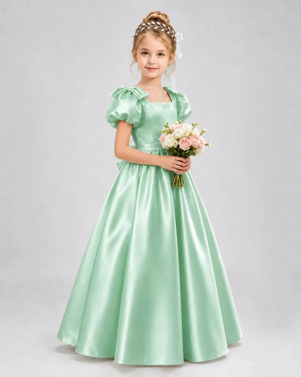Mint Green Satin A-line Flower Girl Dress Front View